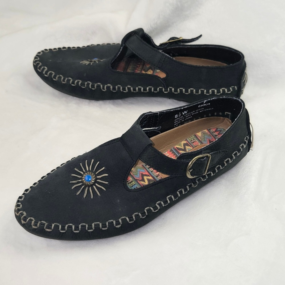 Hush Puppies Womens 8.5 W Black Leather T-Strap Sunburst Flats Shoes 58304
